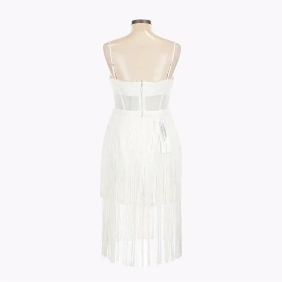 BCBGMaxAzria White Fringe Corset Midi Sheath Dress 14 Off-White Cocktail NWT - Picture 3 of 12